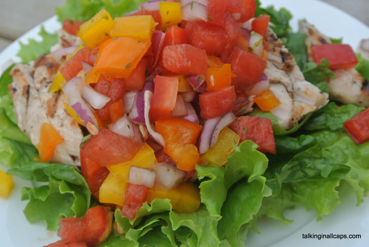Watermelon Salsa over Grilled Chicken and Greens