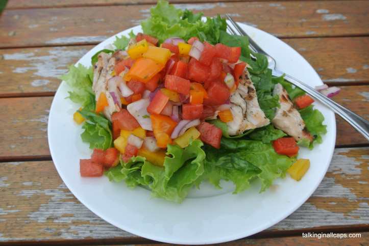 Watermelon Salsa over Grilled Chicken and Greens